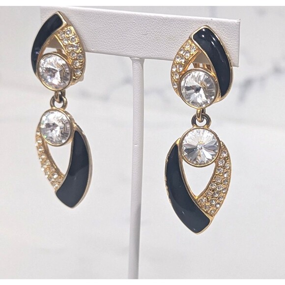 Vintage Bijoux Designs Earrings Clip On Black Enamel Rhinestone Dangle 80s 90s - Picture 2 of 11